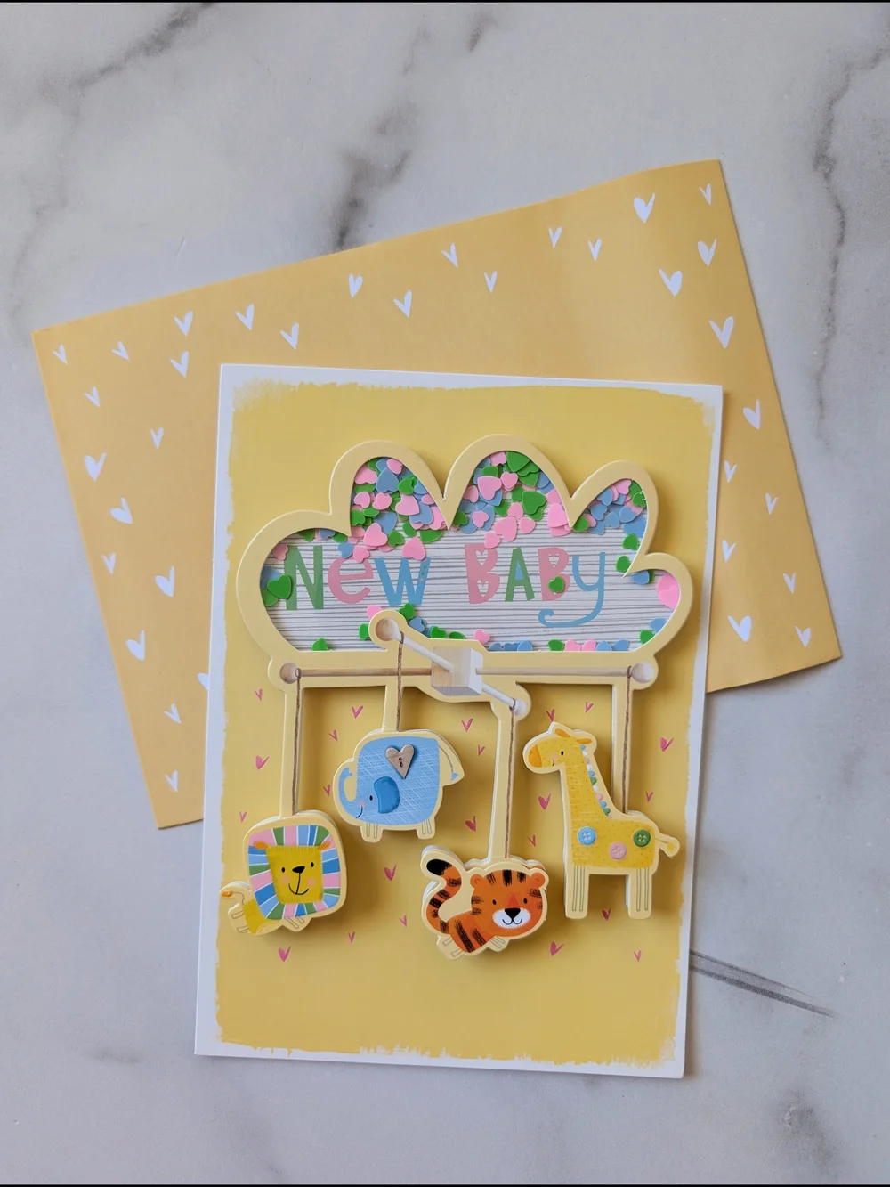 New Baby Yellow Baby Shower Card with Animal Mobile